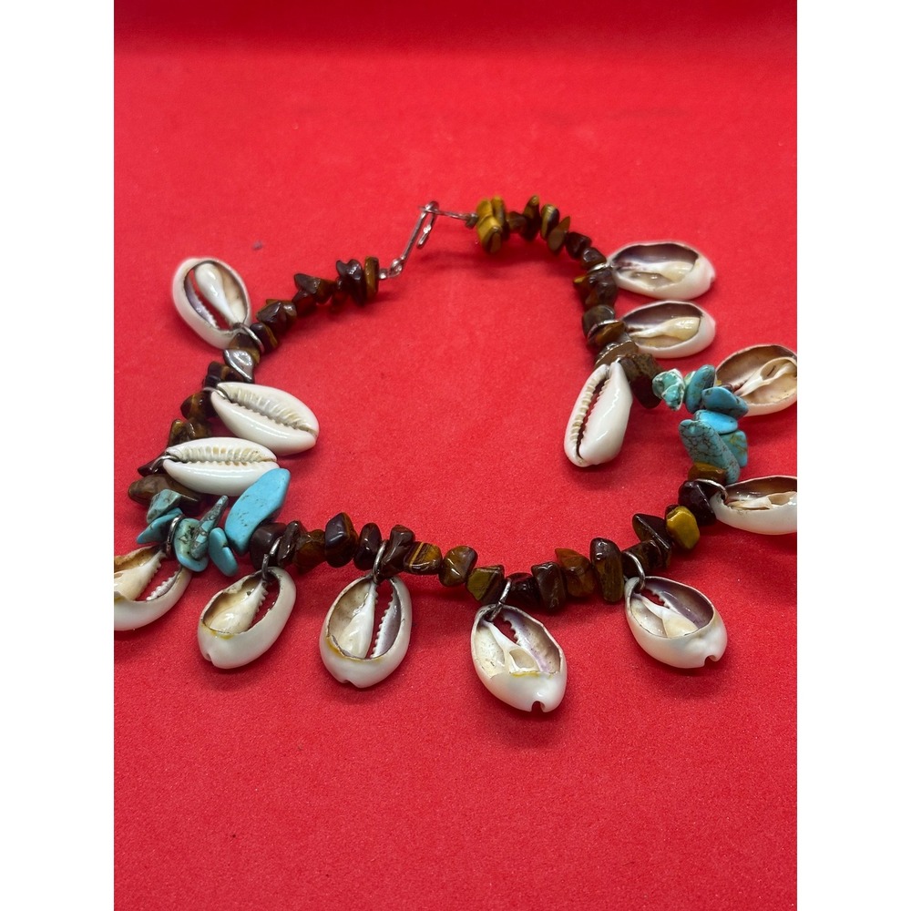 Boho Cowrie Shell Necklace Tigers Eye Turquoise Chip Stone Beach Jewelry 17 Inch